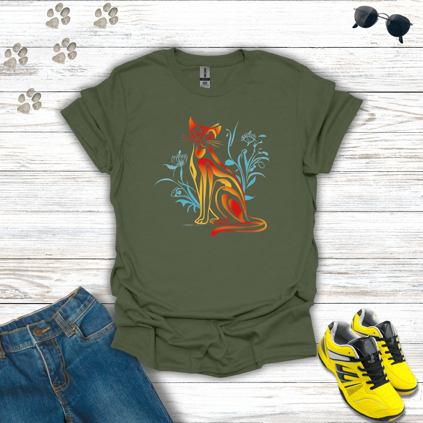 Floral Blaze: The Fiery Feline T-Shirts Military Green / S unisex graphic t-shirt