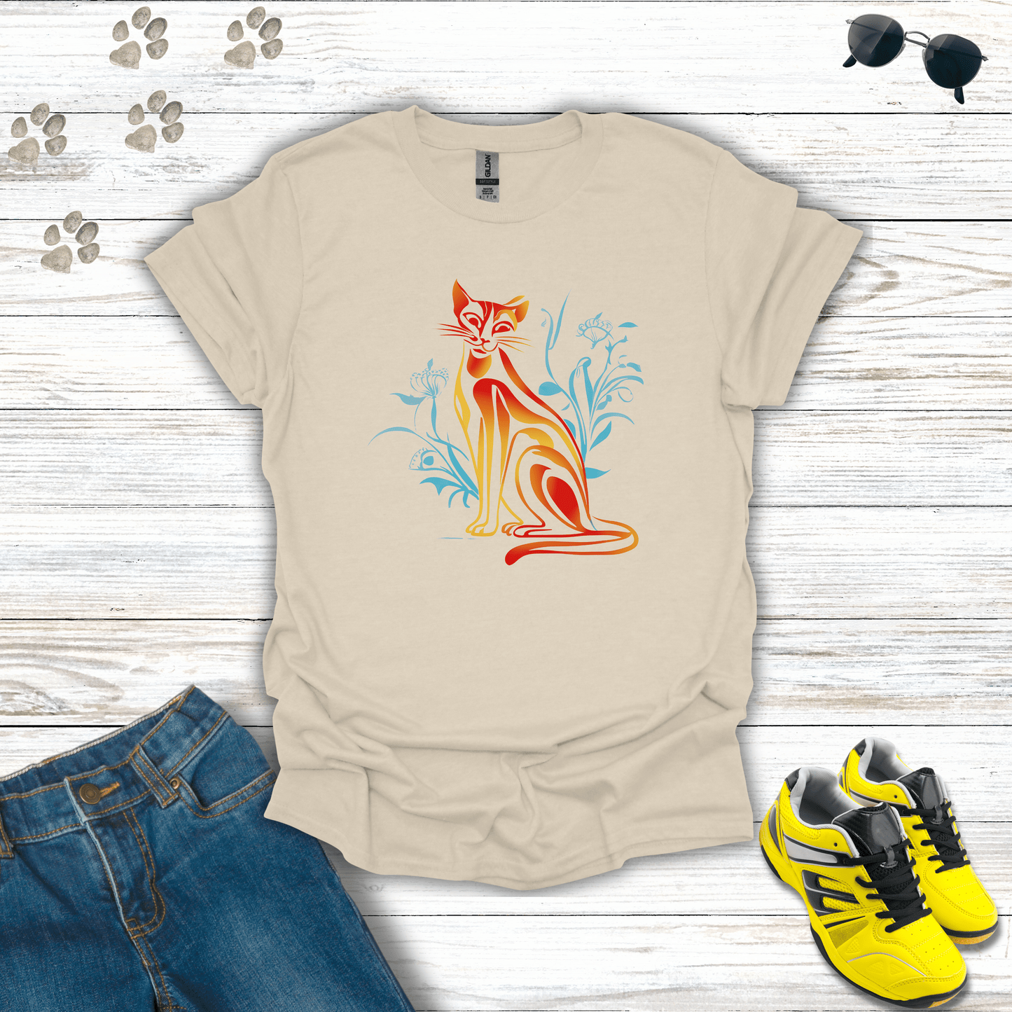 Floral Blaze: The Fiery Feline T-Shirts Natural / S unisex graphic t-shirt