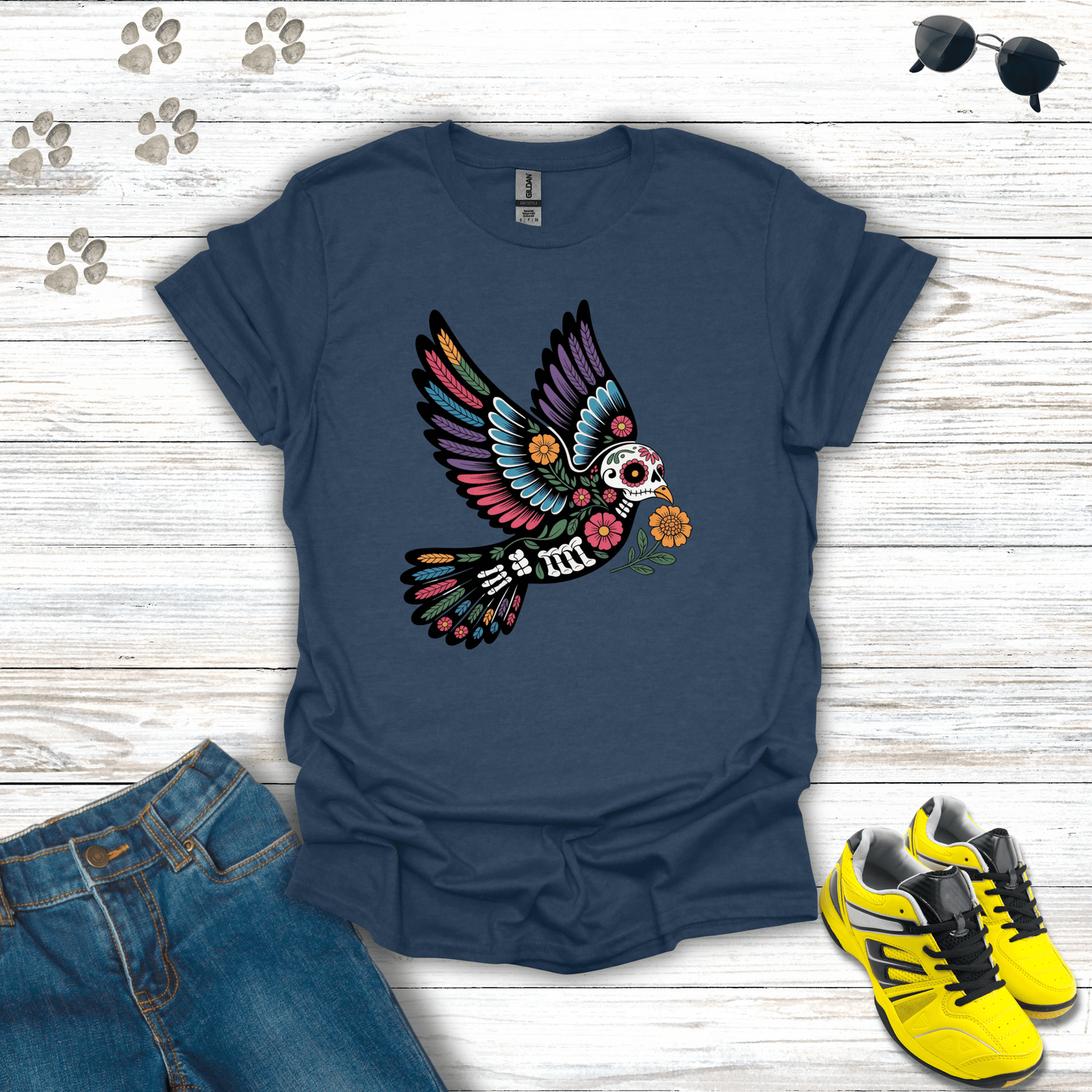 Forever in Flight Sugar Skull Dove T-Shirt Heather Navy / S unisex graphic t-shirt