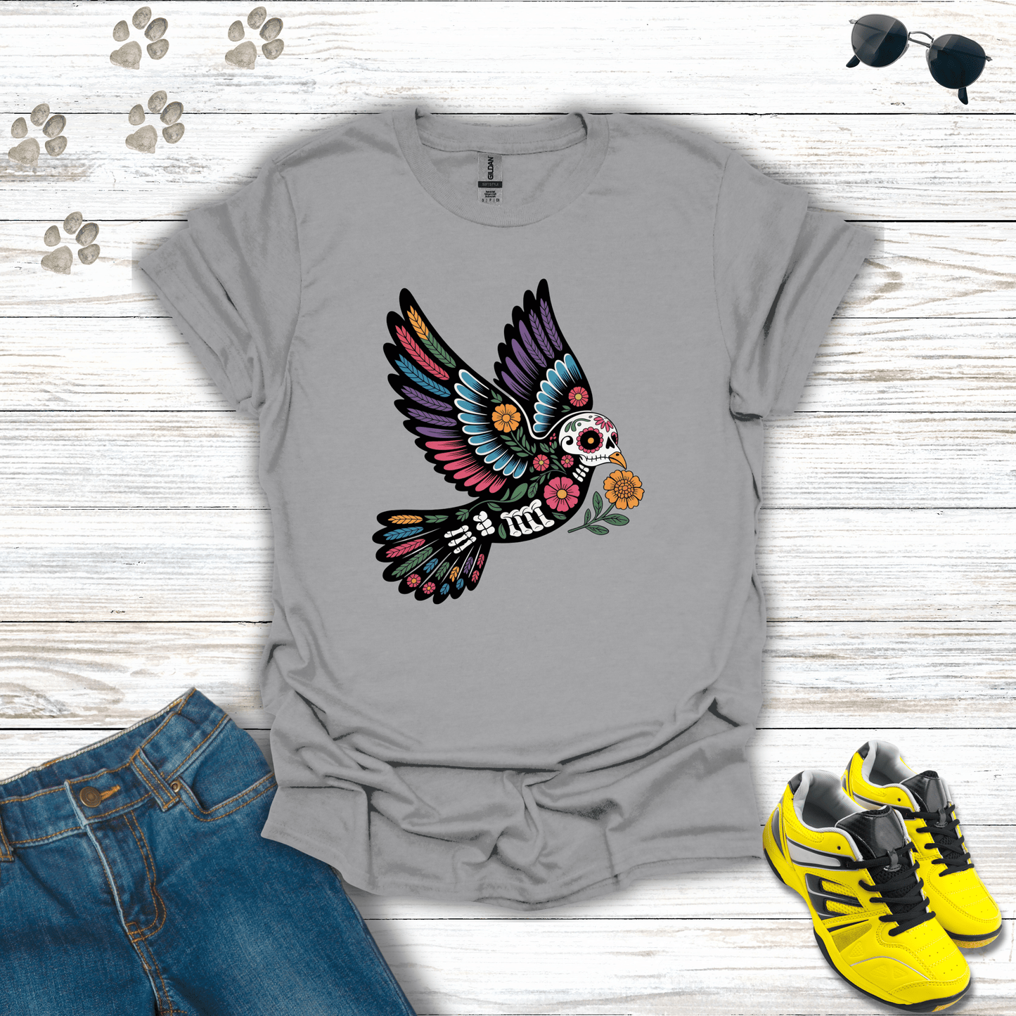 Forever in Flight Sugar Skull Dove T-Shirt Sport Grey / S unisex graphic t-shirt