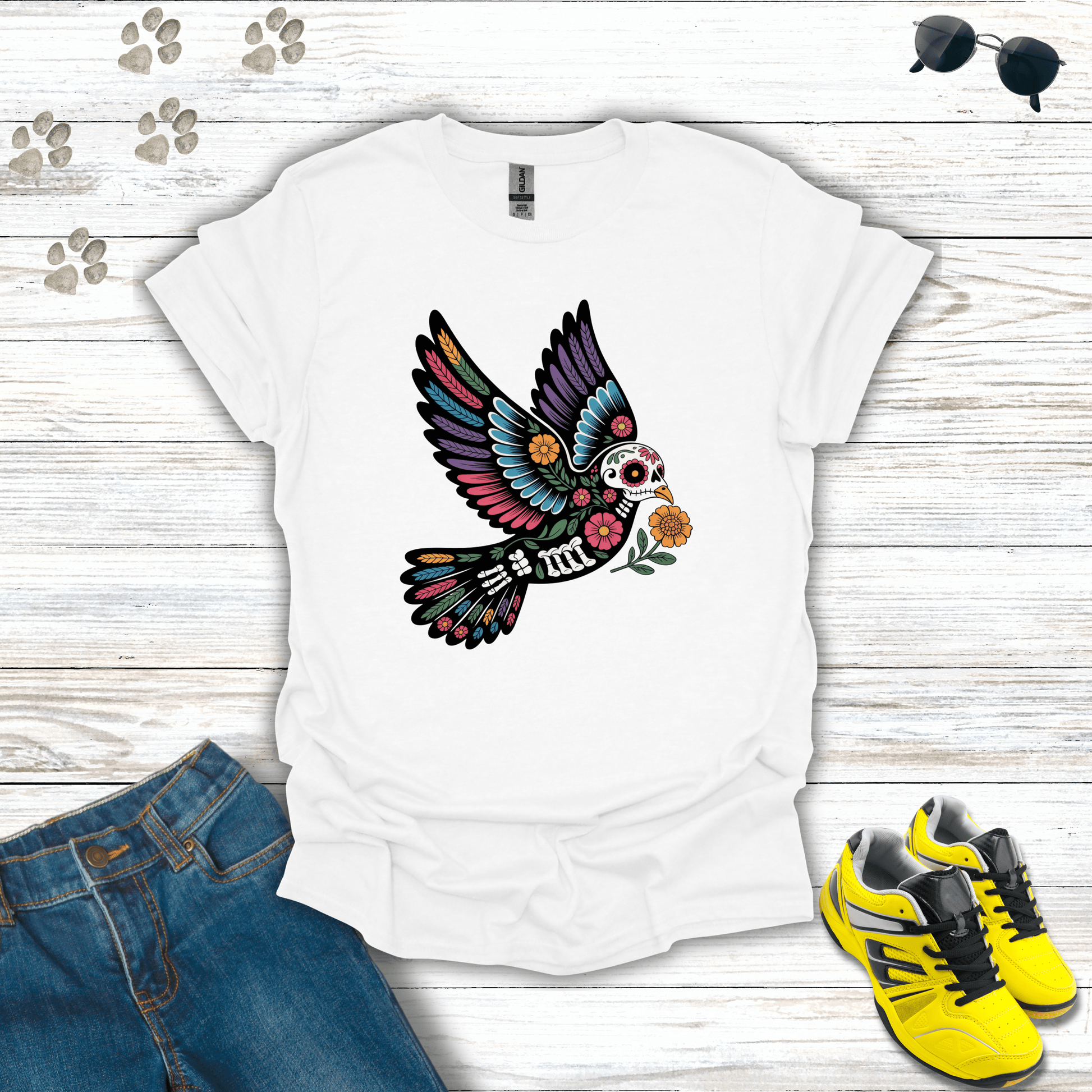 Forever in Flight Sugar Skull Dove T-Shirt White / S unisex graphic t-shirt