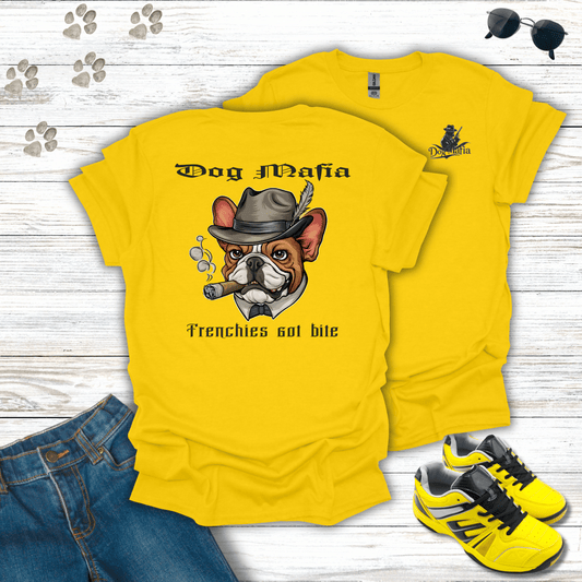 French Bulldog Dog Mafia T-shirt in Daisy — funny Frenchie mafia dog tee