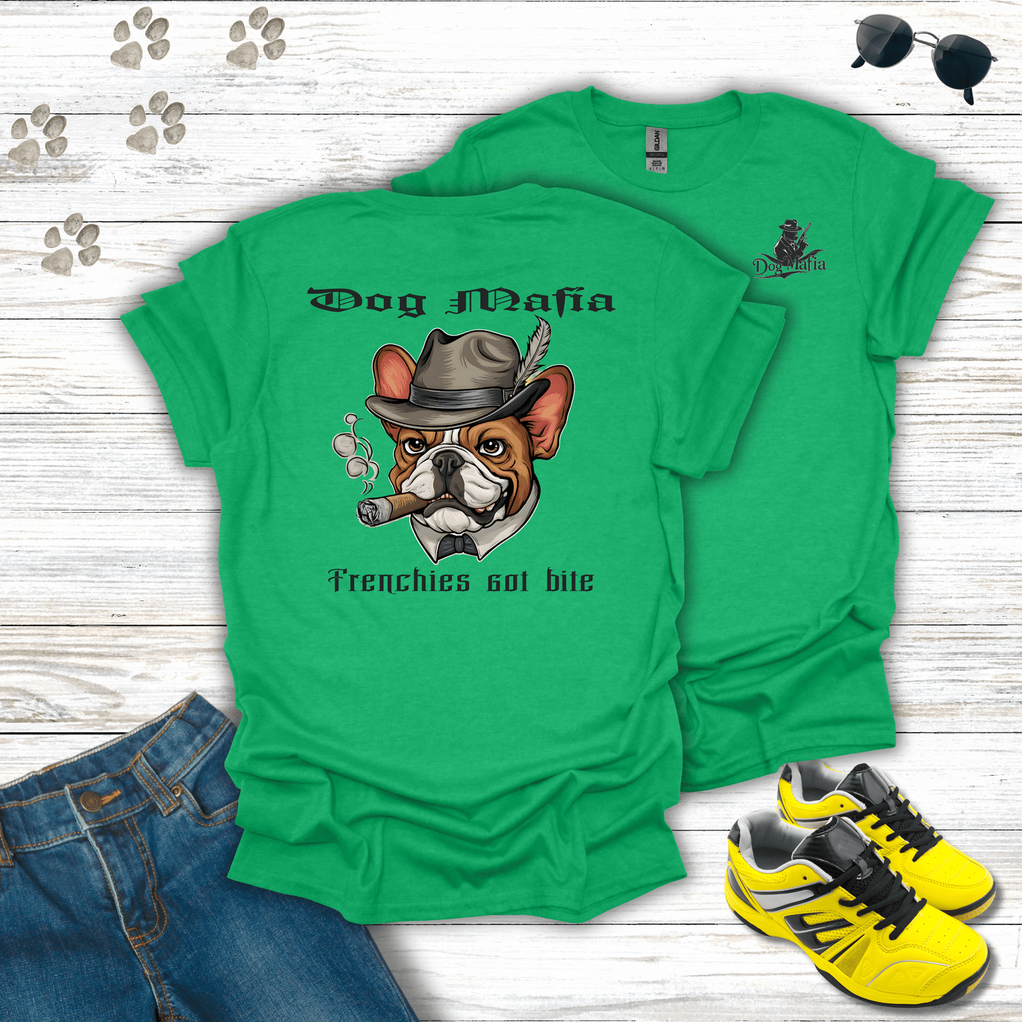 French Bulldog Dog Mafia T-shirt in Heather Irish Green — humorous French Bulldog mob boss illustration