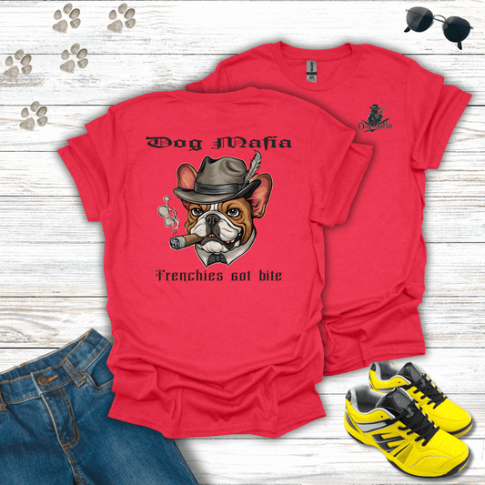 French Bulldog Dog Mafia T-shirt in Heather Red — French Bulldog mobster in fedora design