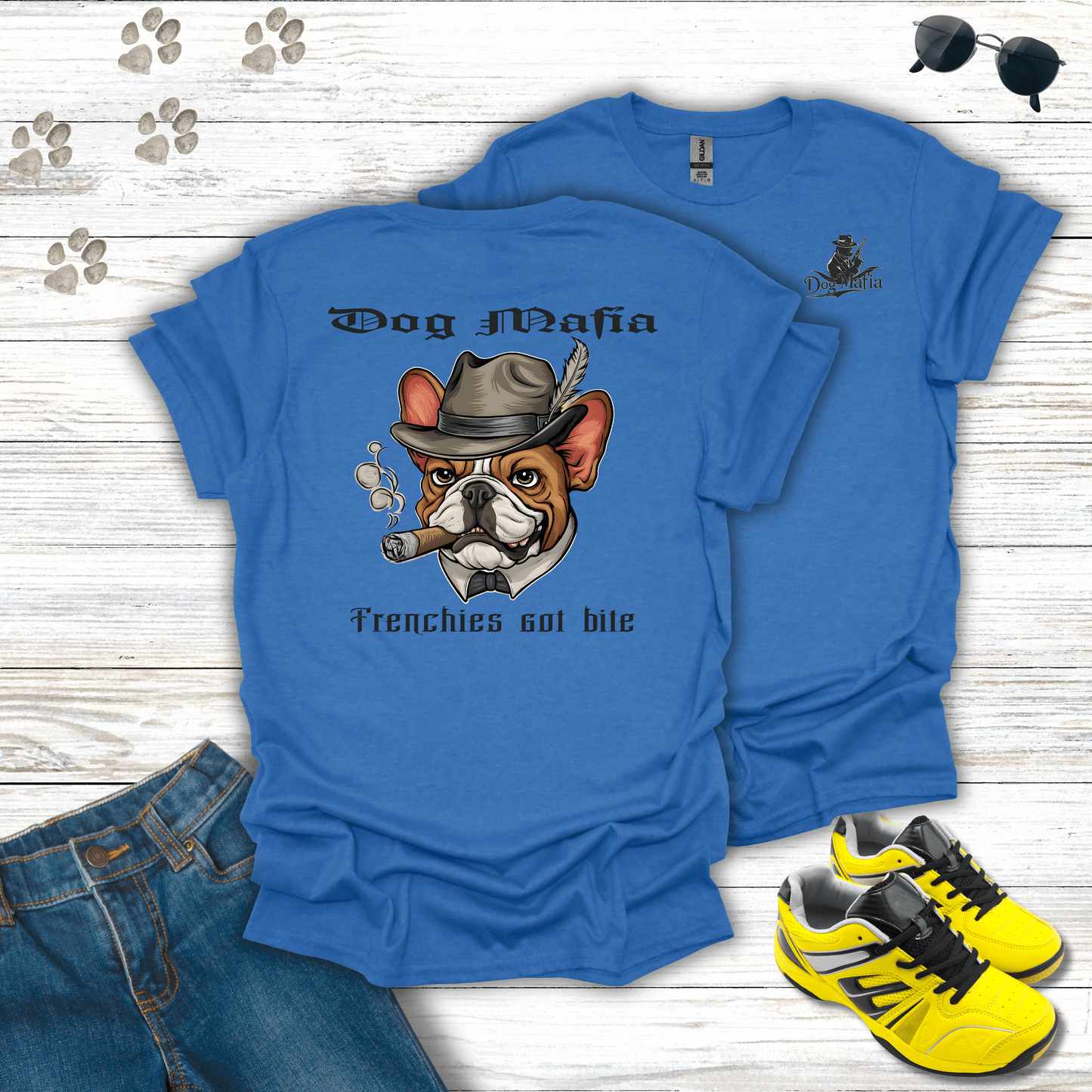 French Bulldog Dog Mafia T-shirt in Heather Royal — stylish Frenchie mafia T-shirt