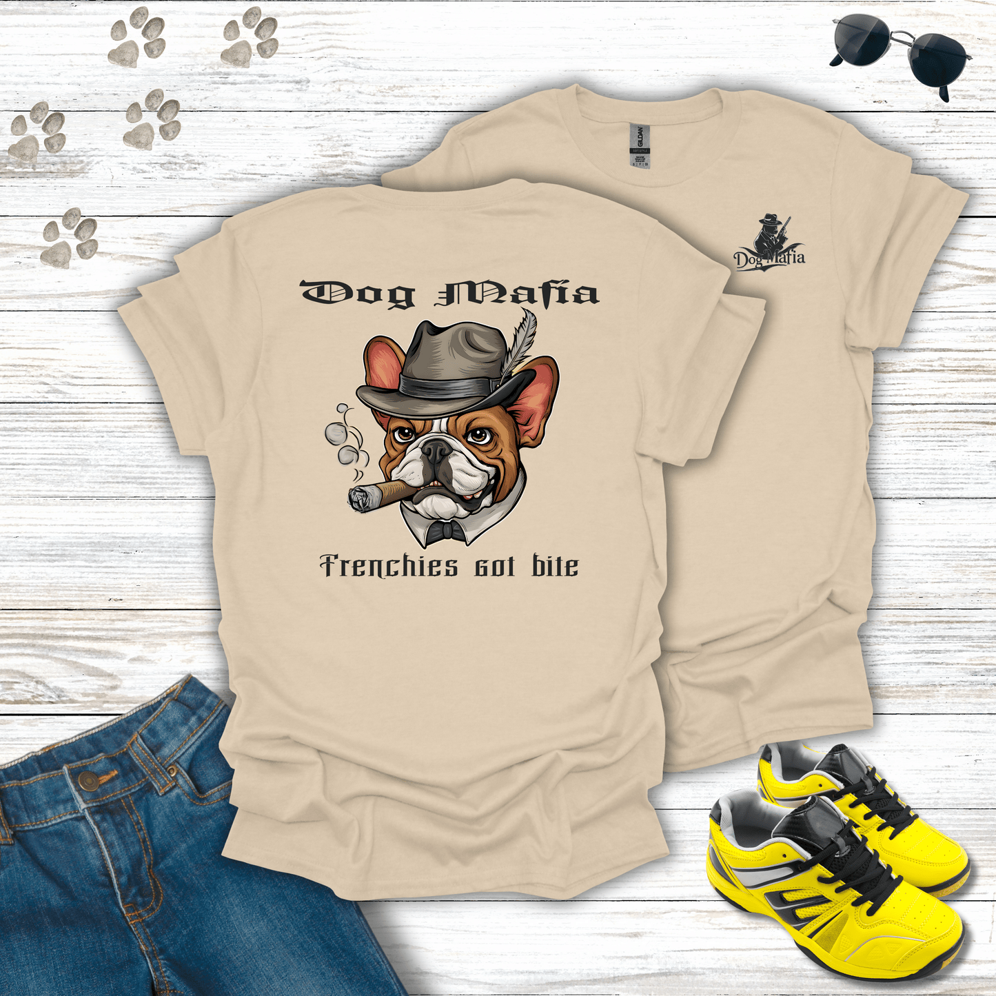 French Bulldog Dog Mafia T-shirt in Sand — Frenchie mobster dog shirt