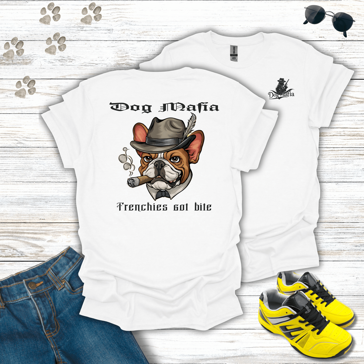 French Bulldog Dog Mafia T-shirt in White — funny French Bulldog mafia graphic tee