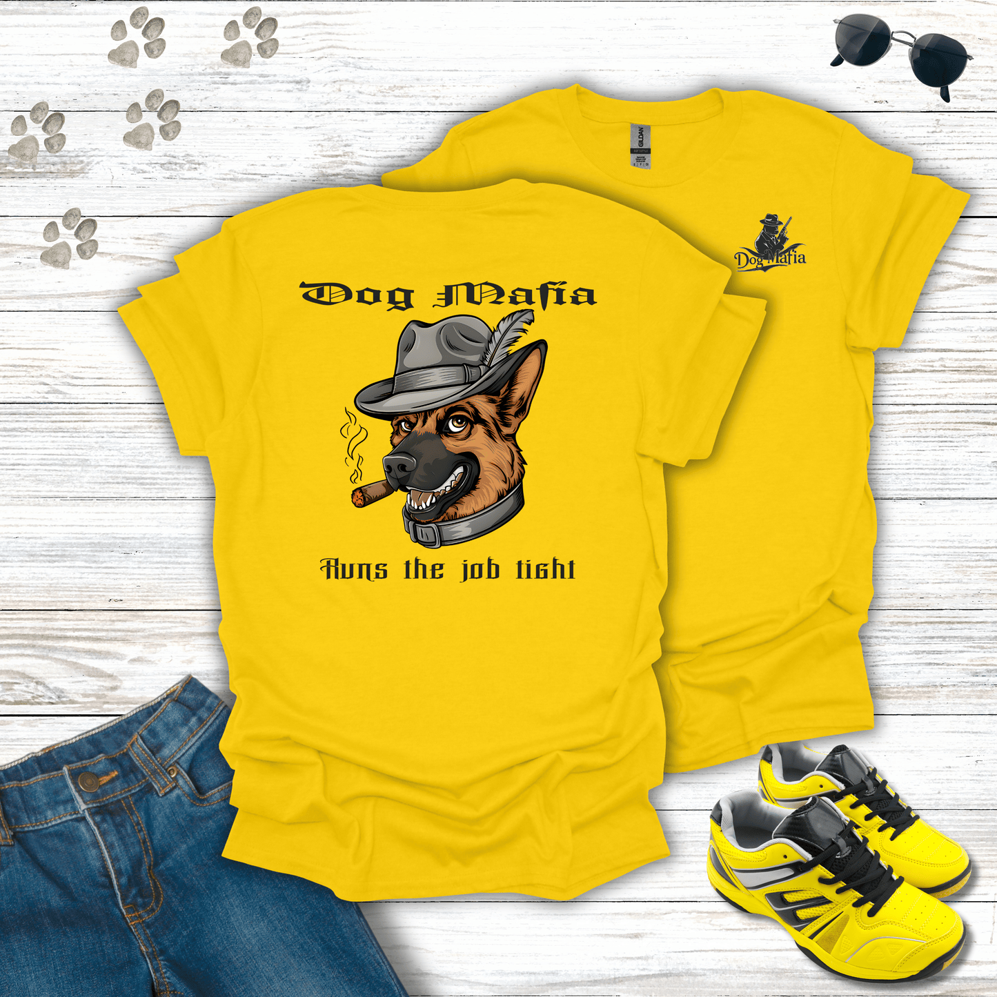 German Shepherd Dog Mafia T-shirt in Daisy — funny German Shepherd mafia shirt