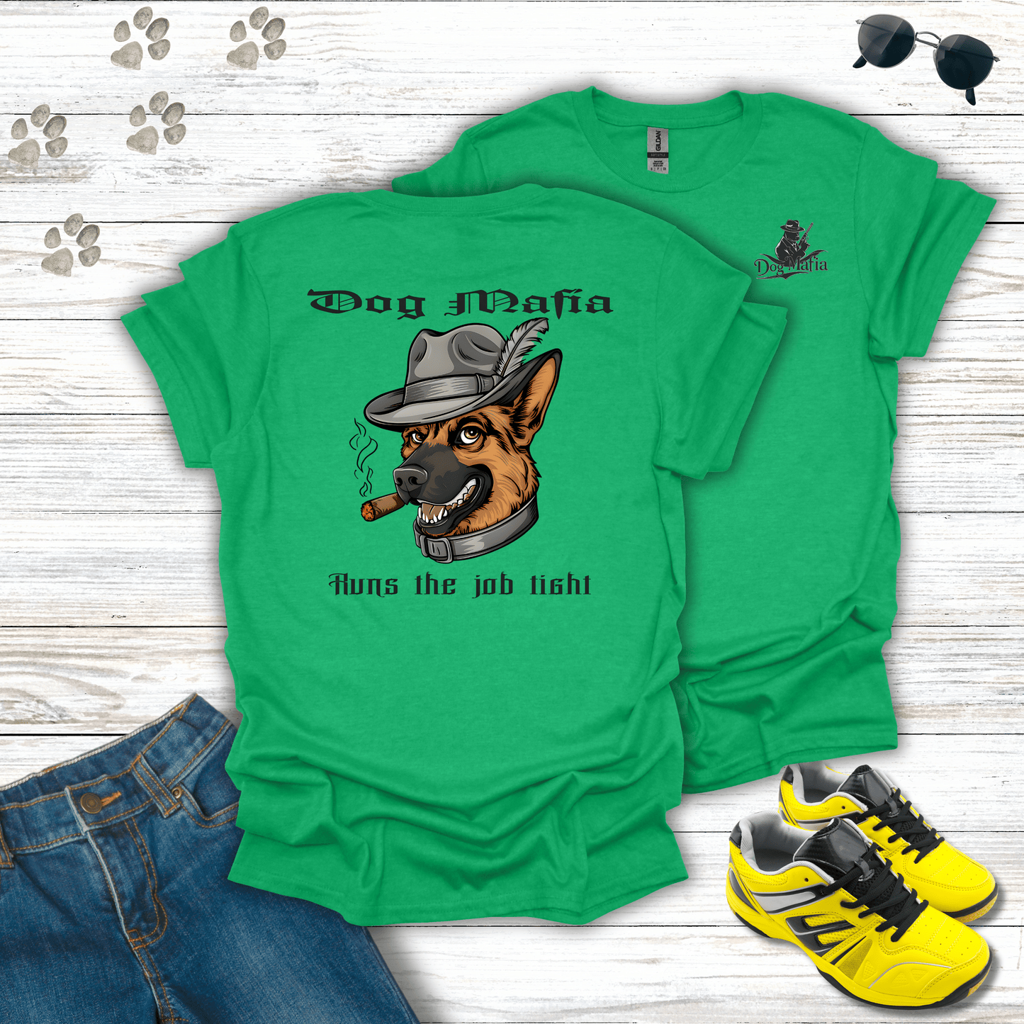 German Shepherd Dog Mafia T-shirt in Heather Irish Green — cool German Shepherd mob boss tee