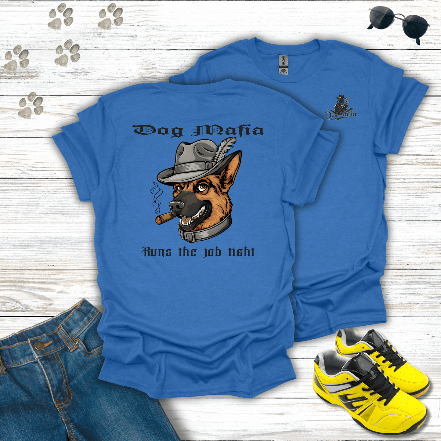 German Shepherd Dog Mafia T-shirt in Heather Royal — stylish mafia German Shepherd T-shirt
