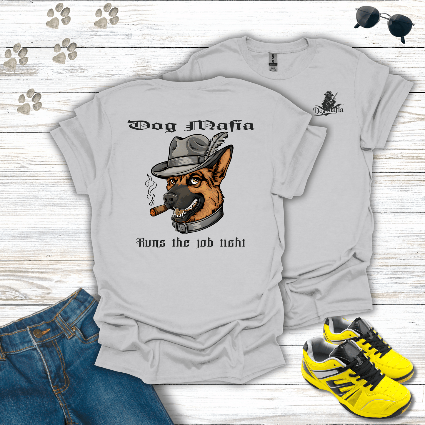 German Shepherd Dog Mafia T-shirt in Ice Grey — German Shepherd mobster illustration