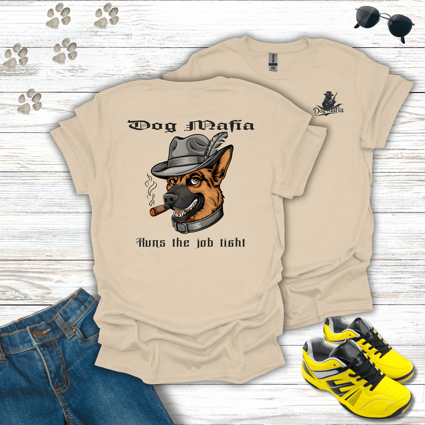 German Shepherd Dog Mafia T-shirt in Sand — German Shepherd wearing fedora and cigar design