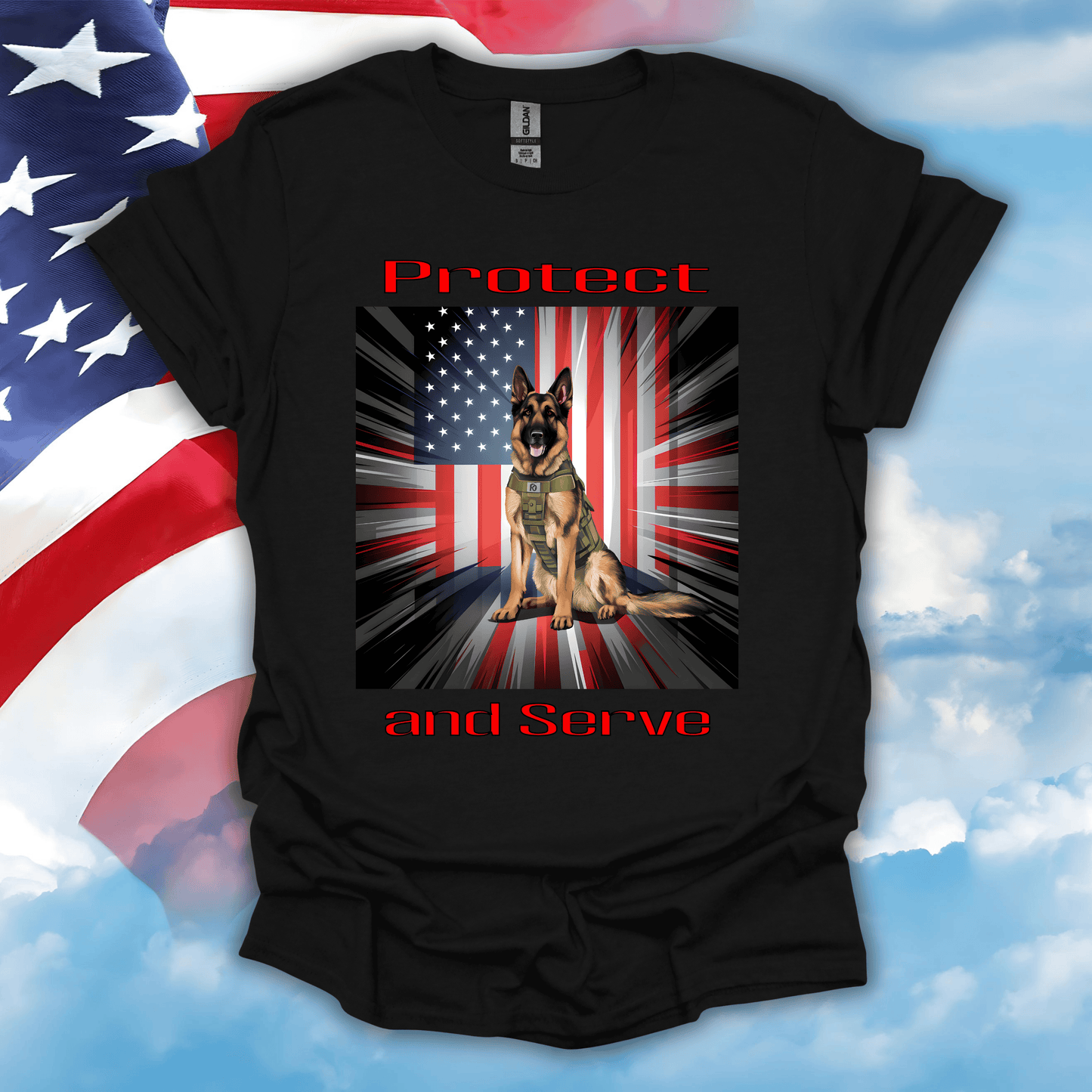 German Shepherd Military K-9 Patriotic T-Shirt in Black — German Shepherd with U.S. flag graphic