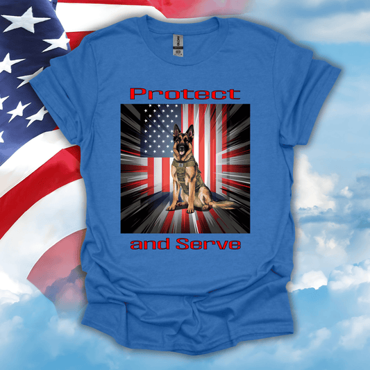 German Shepherd Military K-9 Patriotic T-Shirt in Heather Royal — bold patriotic dog lover shirt