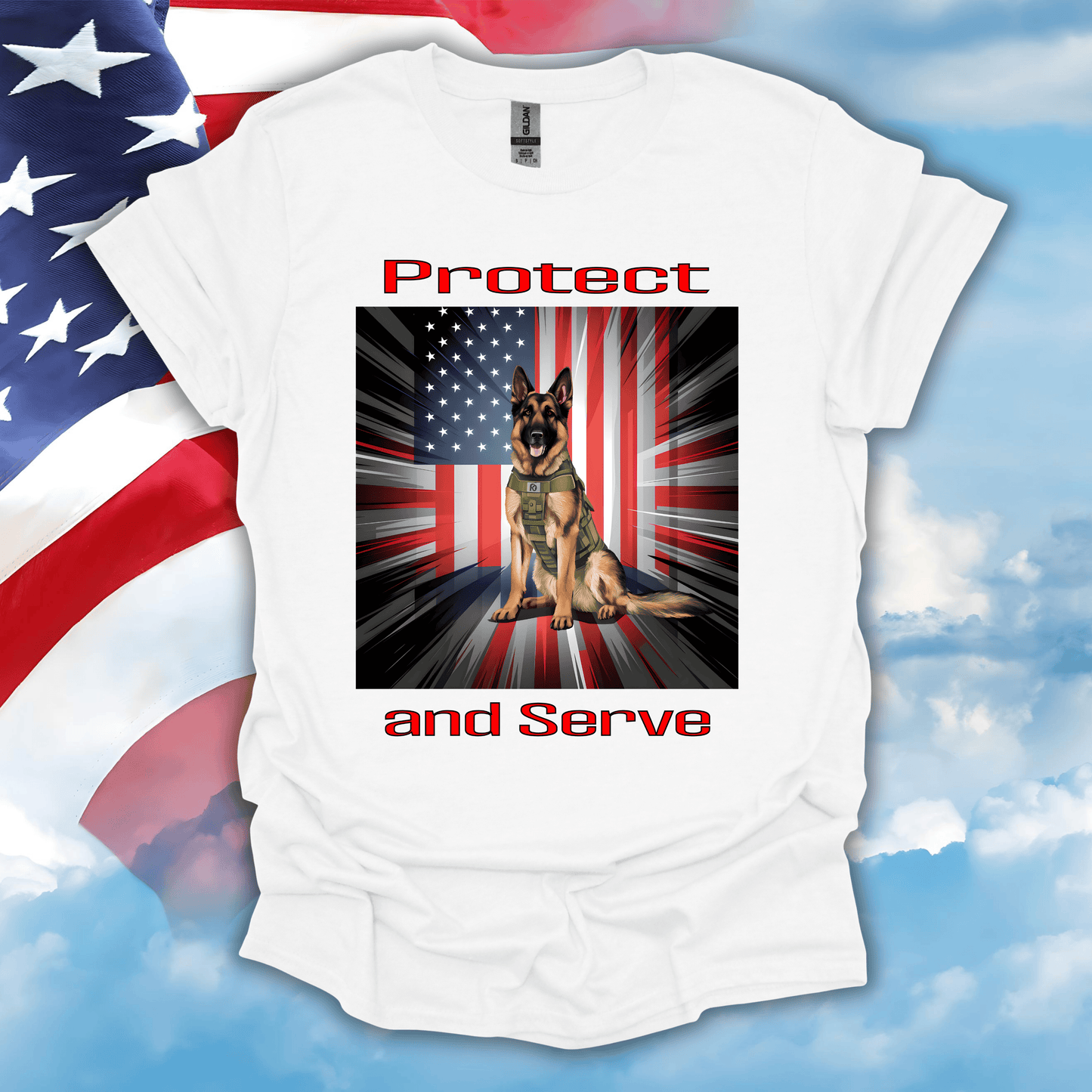 German Shepherd Military K-9 Patriotic T-Shirt in White — detailed K-9 vector design patriotic tee
