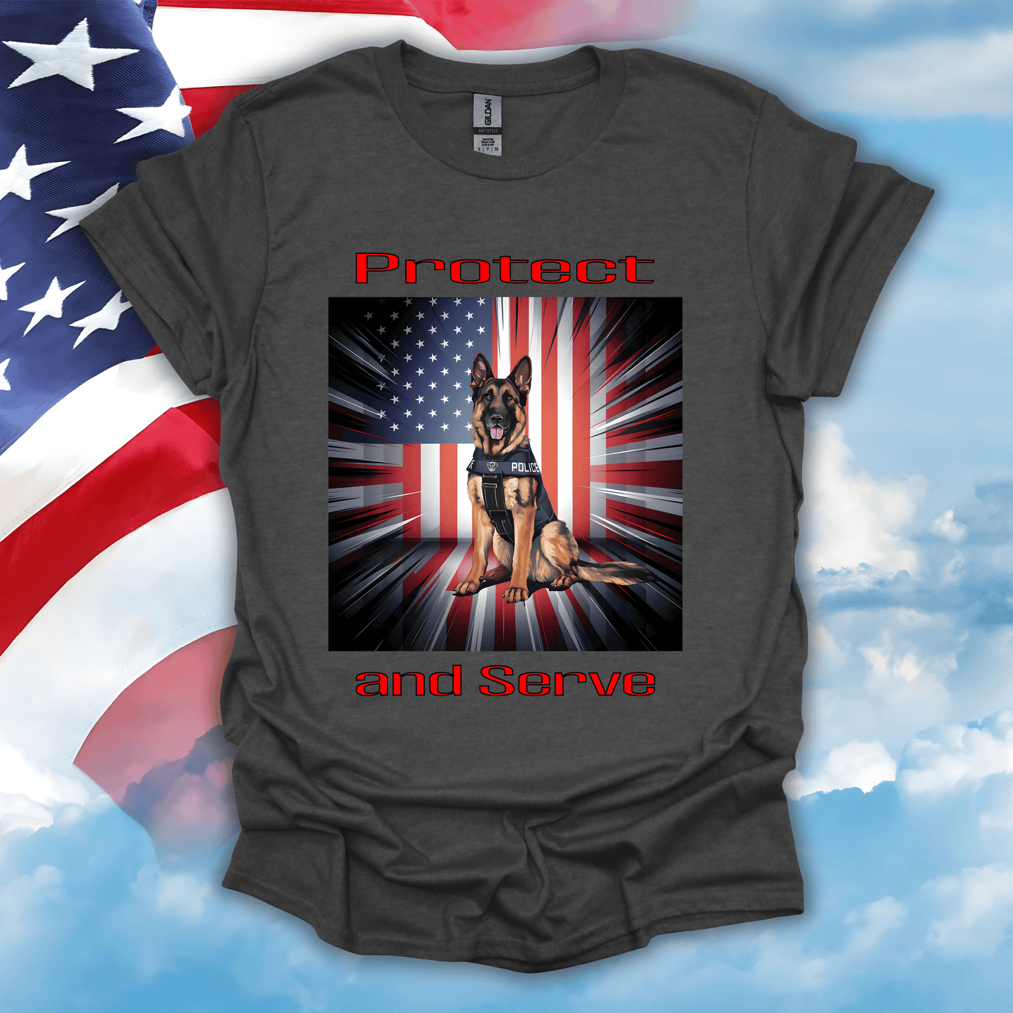 German Shepherd Police K-9 Patriotic T-Shirt in Dark Heather — police K-9 dog with U.S. flag background