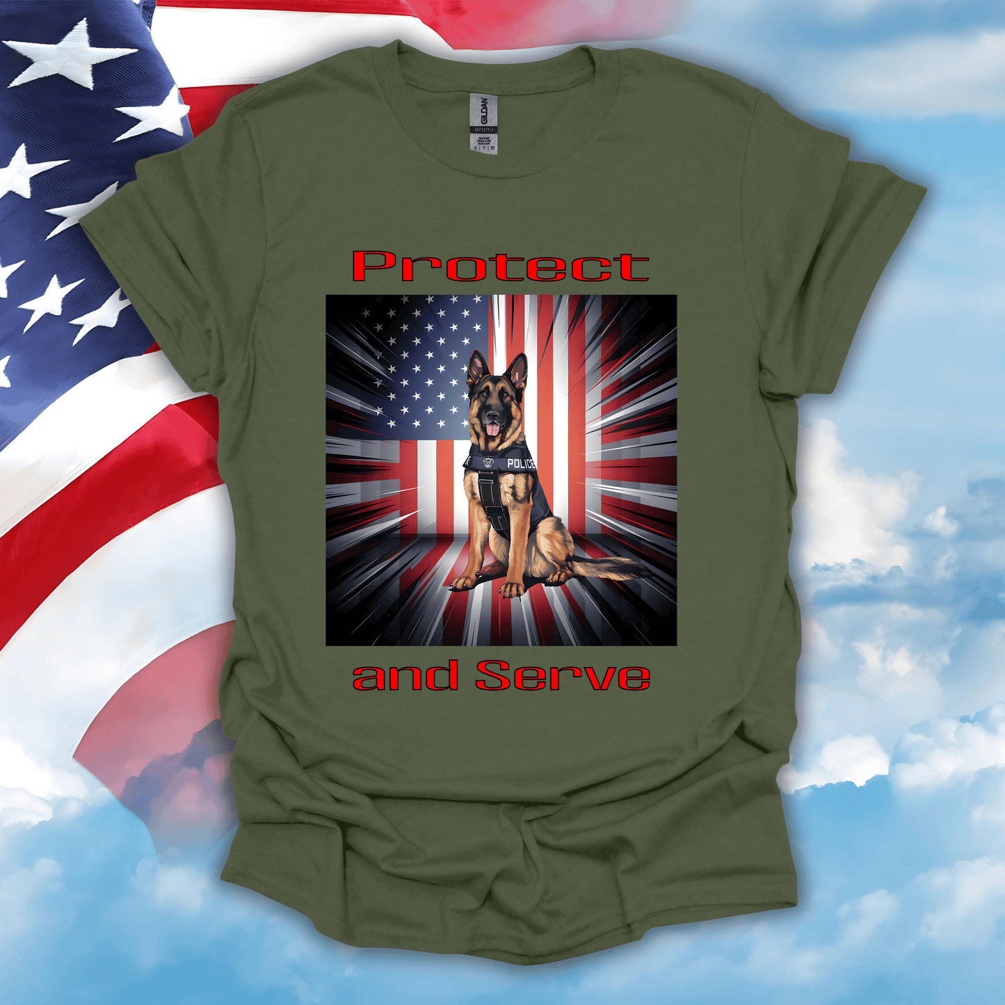 German Shepherd Police K-9 Patriotic T-Shirt in Military Green — bold police dog with American flag