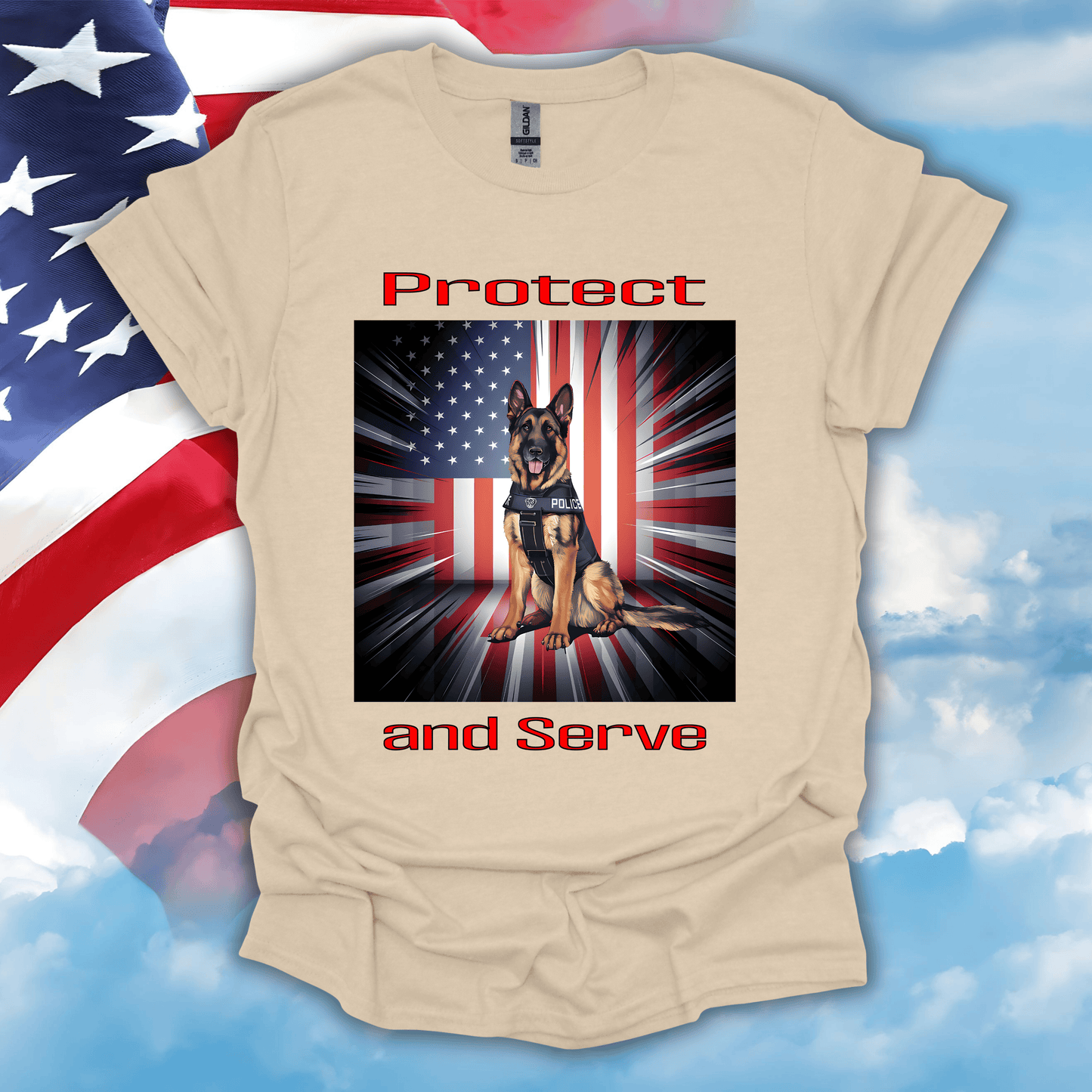 German Shepherd Police K-9 Patriotic T-Shirt in Sand — K-9 officer appreciation shirt