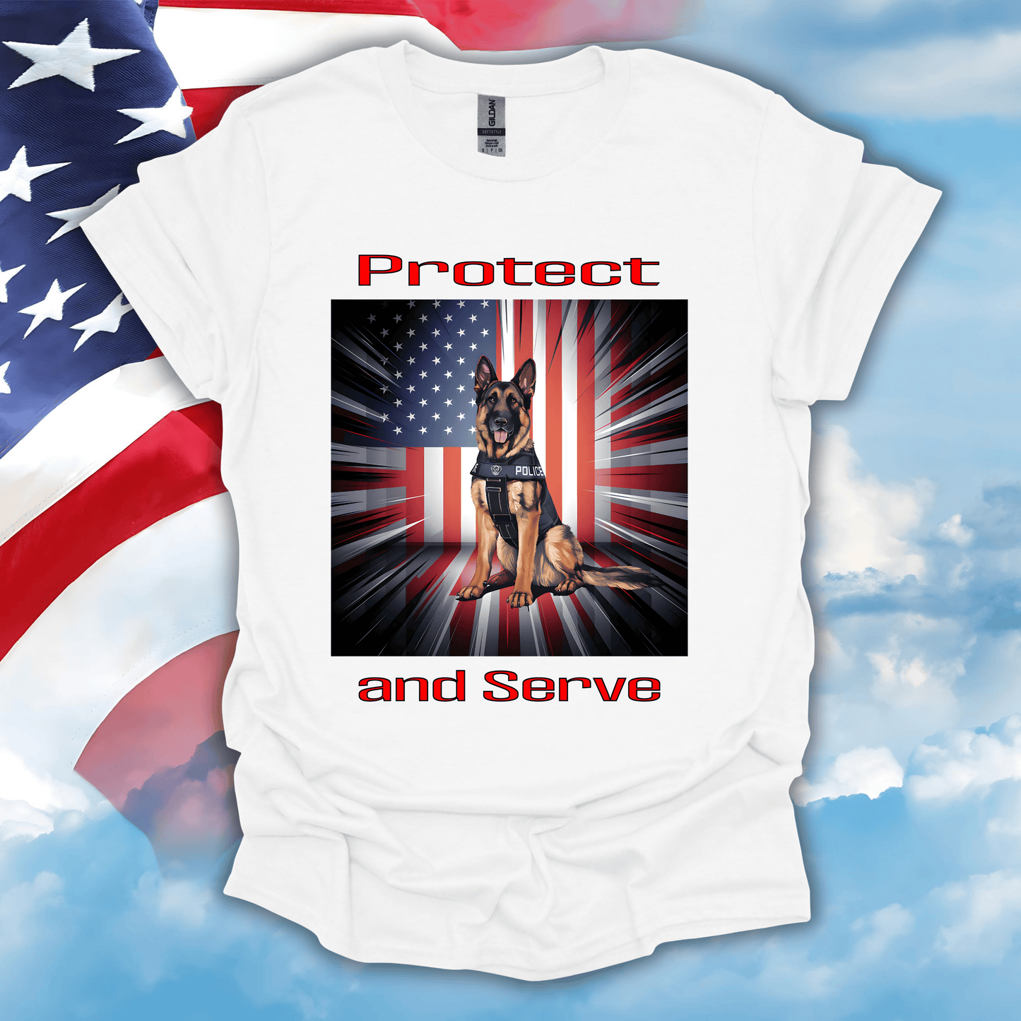 German Shepherd Police K-9 Patriotic T-Shirt in White — patriotic German Shepherd police dog shirt