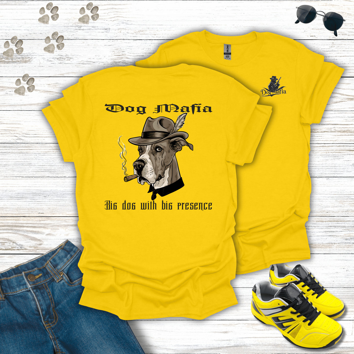 Great Dane Dog Mafia T-shirt in Daisy — bold Great Dane mafia dog tee