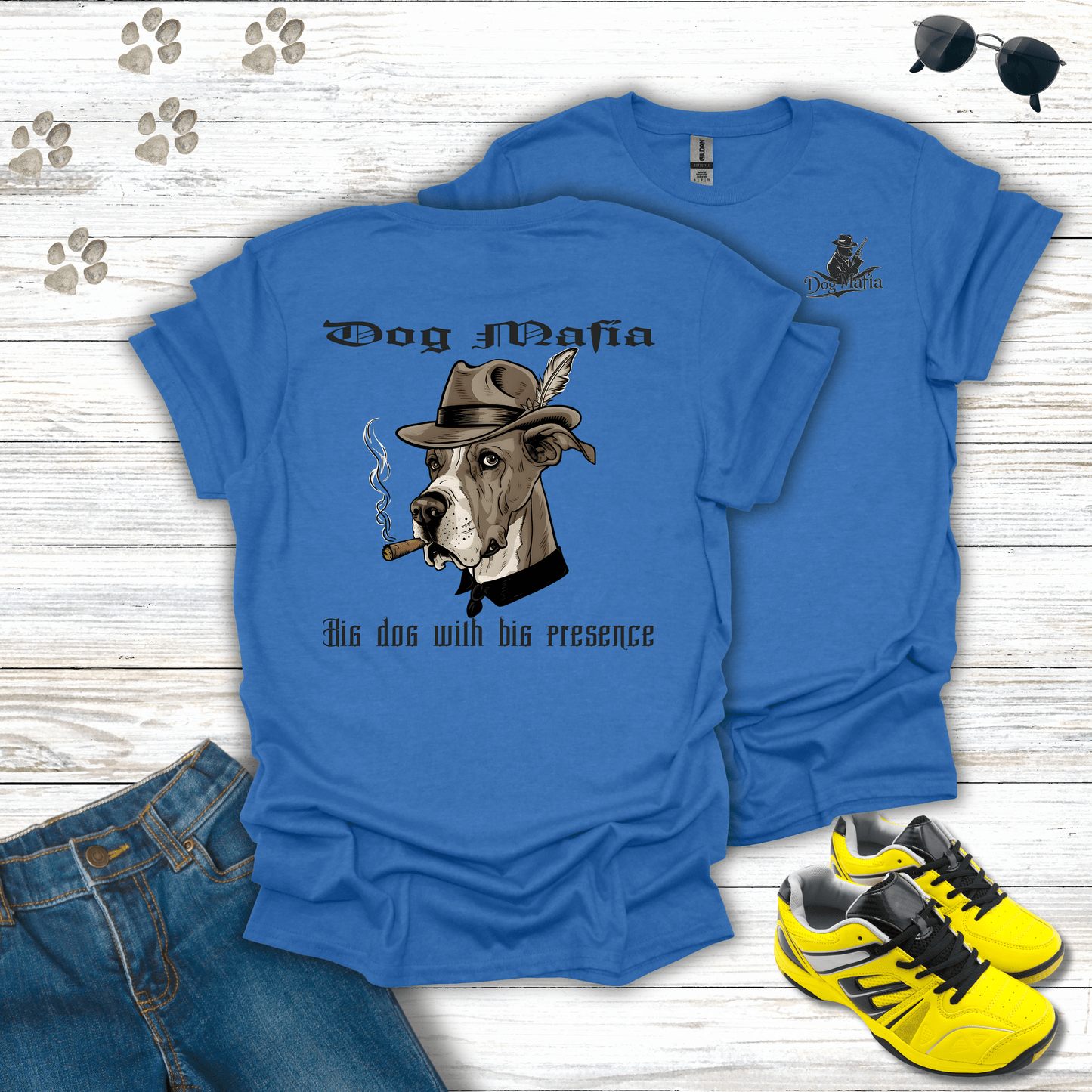 Great Dane Dog Mafia T-shirt in Heather Royal — Great Dane mobster in fedora and cigar design