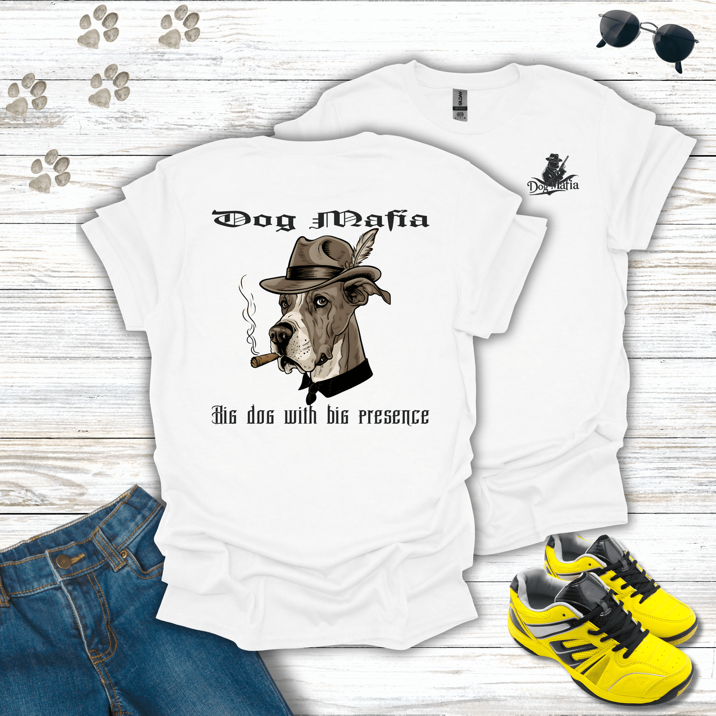 Great Dane Dog Mafia T-shirt in White — regal Great Dane mob boss tee