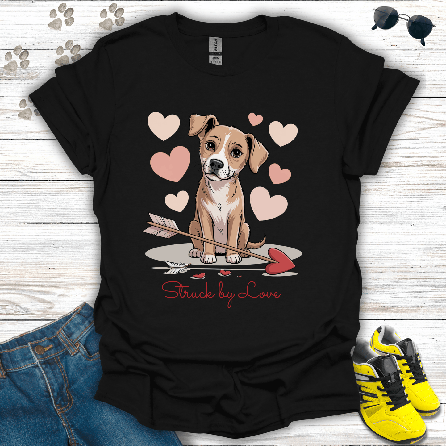 Cute puppy with blush hearts and heart arrow on black T-shirt