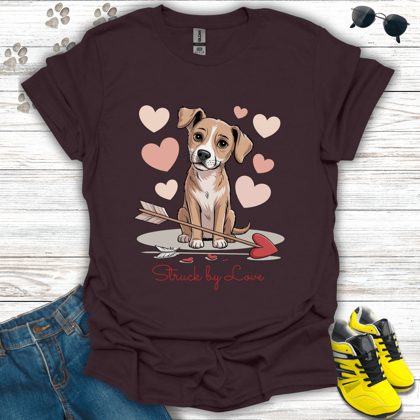 Puppy surrounded by blush hearts and Cupid arrow printed on dark chocolate  shirt