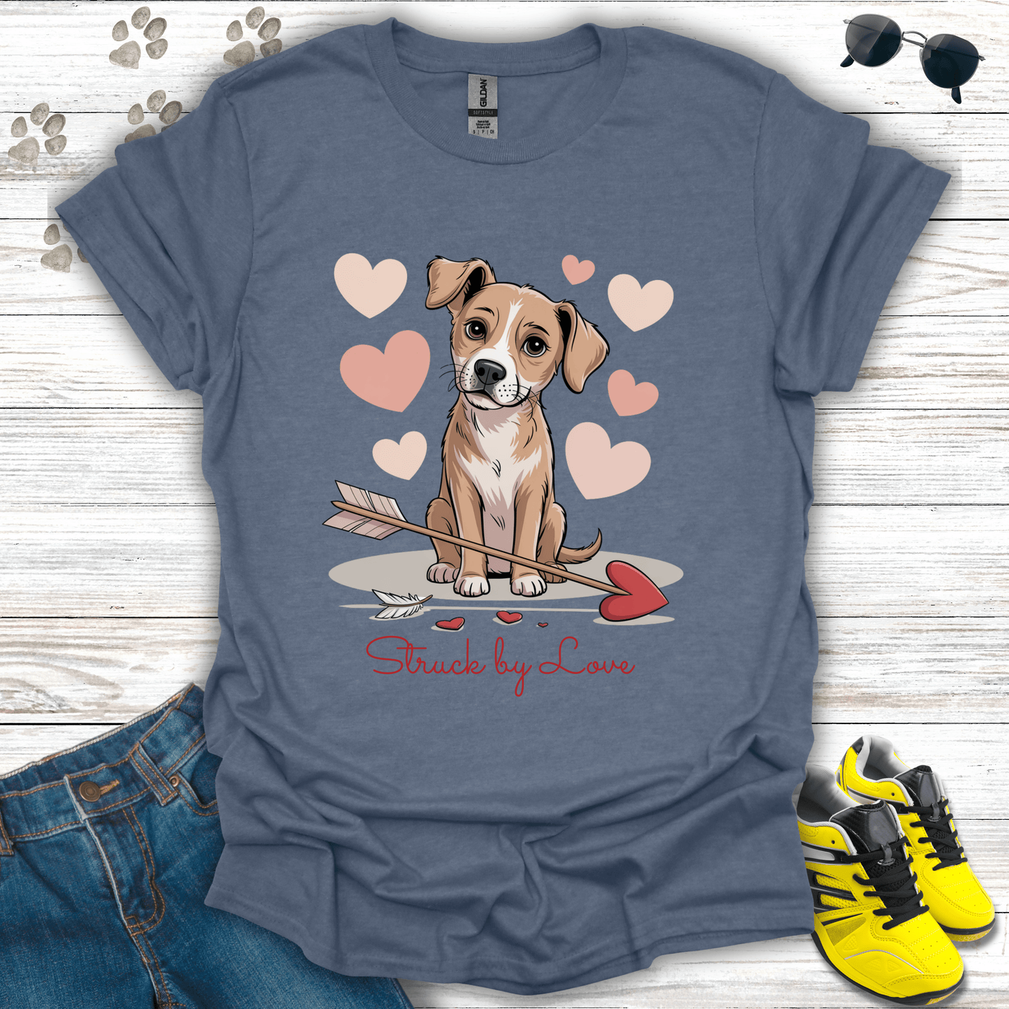 Puppy with heart arrow and pink hearts printed on heather indigo Valentine tee