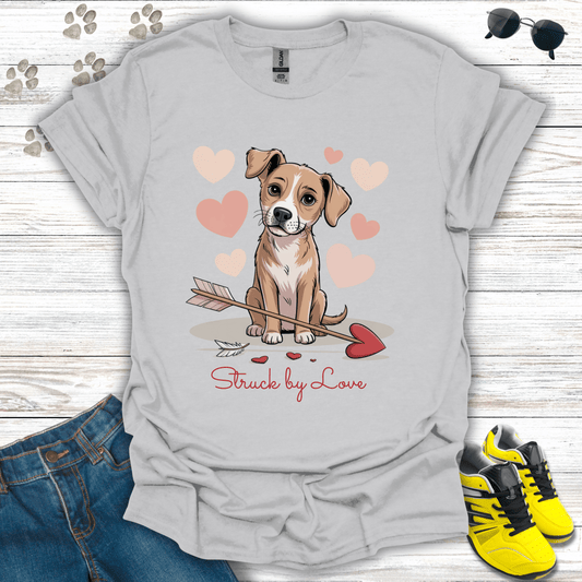 Puppy with heart arrow and soft hearts printed on ice grey Valentine tee