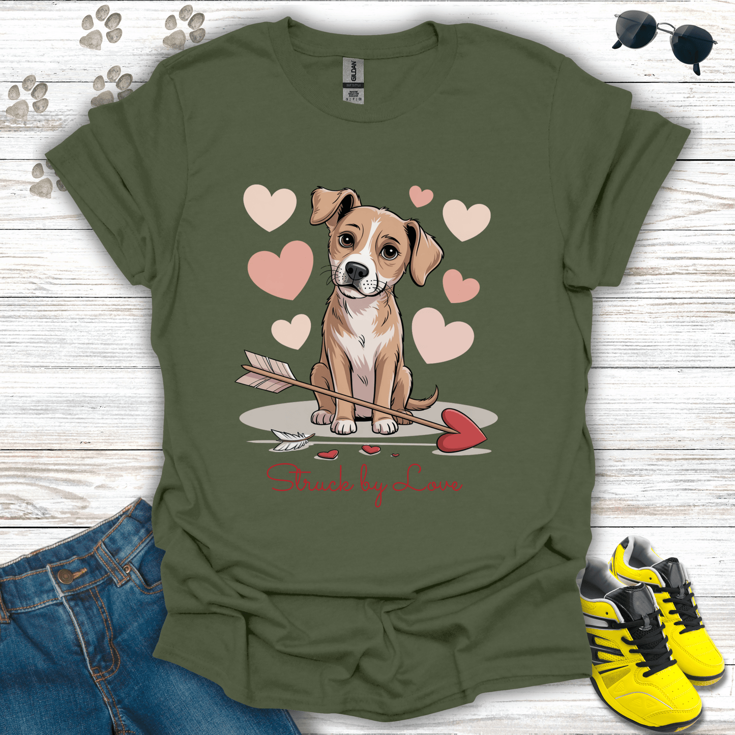 Heart arrow puppy Valentine artwork printed on military green shirt