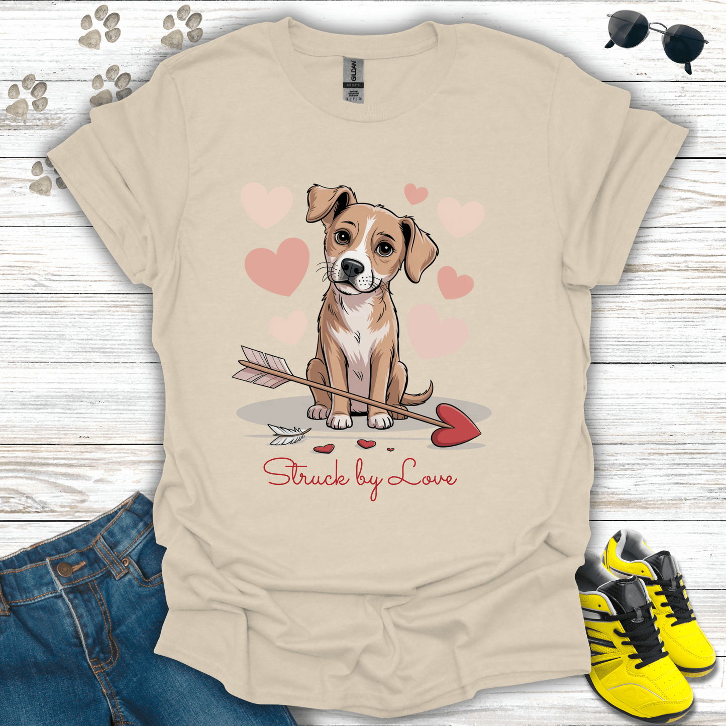 Cute puppy Valentine heart arrow design printed on natural tee