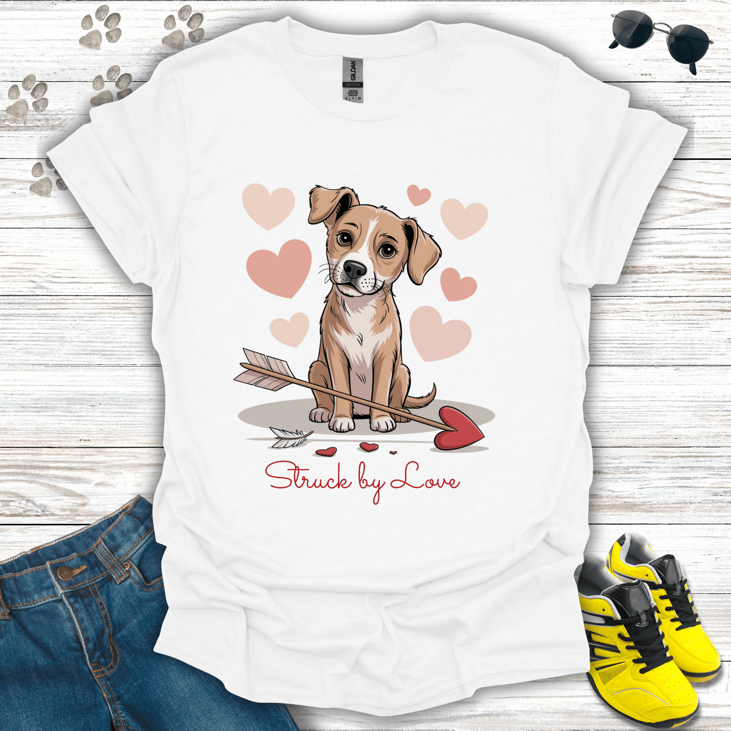 Puppy with heart arrow and blush hearts printed on white Valentine T-shirt
