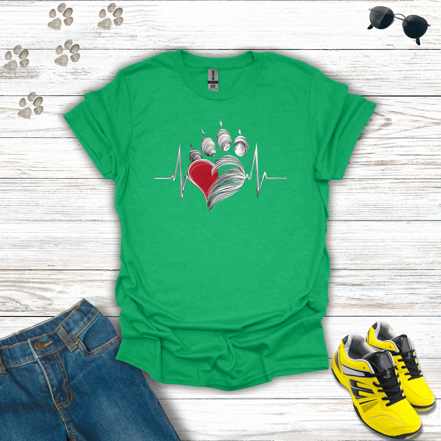 Heart Paw Print Beat T-Shirt Heather Irish Green / S unisex graphic t-shirt