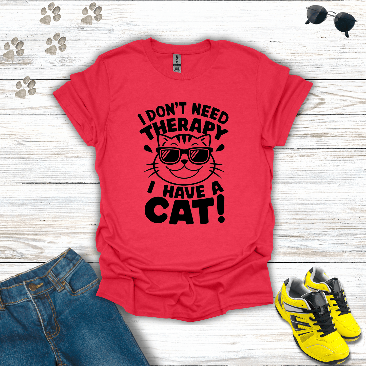 I Don't Need Therapy I Have A Cat! T-Shirt Heather Red / S unisex graphic t-shirt