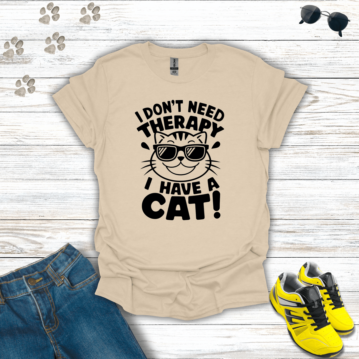 I Don't Need Therapy I Have A Cat! T-Shirt Sand / S unisex graphic t-shirt