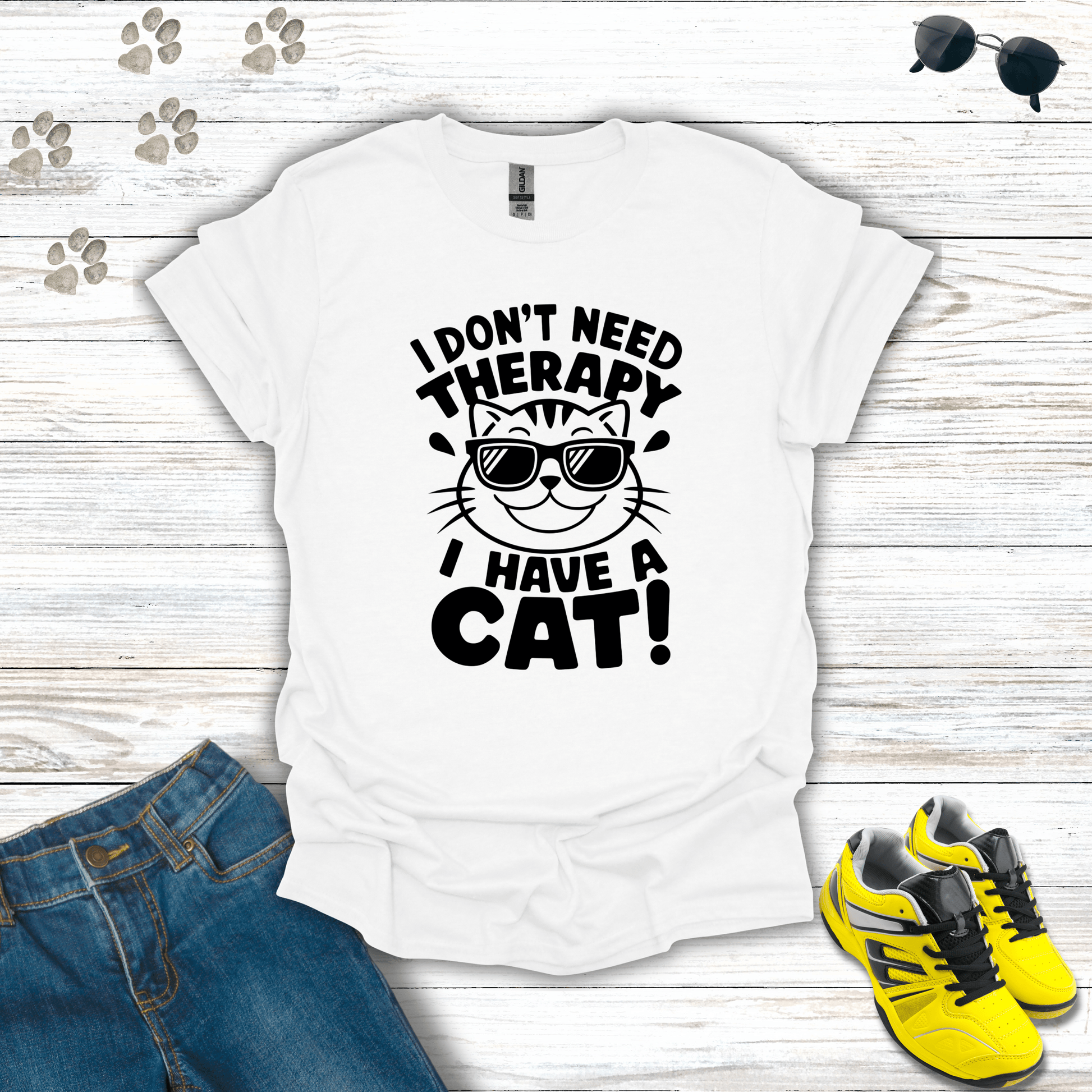 I Don't Need Therapy I Have A Cat! T-Shirt White / S unisex graphic t-shirt