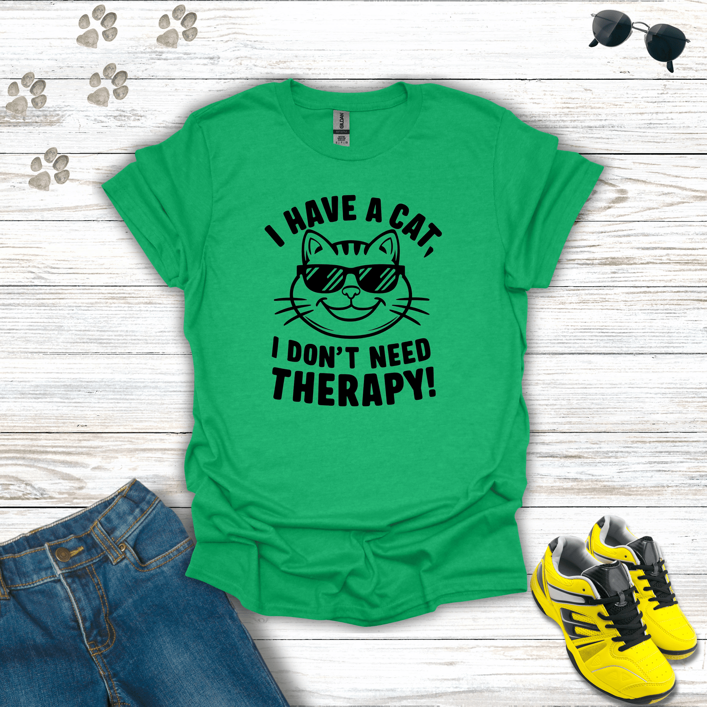 I Have A Cat, I Don't Need Therapy! T-Shirt Heather Irish Green / S unisex graphic t-shirt