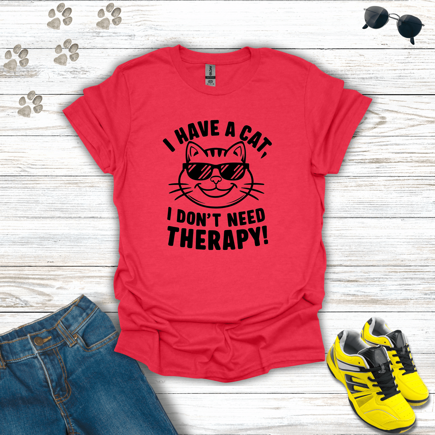 I Have A Cat, I Don't Need Therapy! T-Shirt Heather Red / S unisex graphic t-shirt