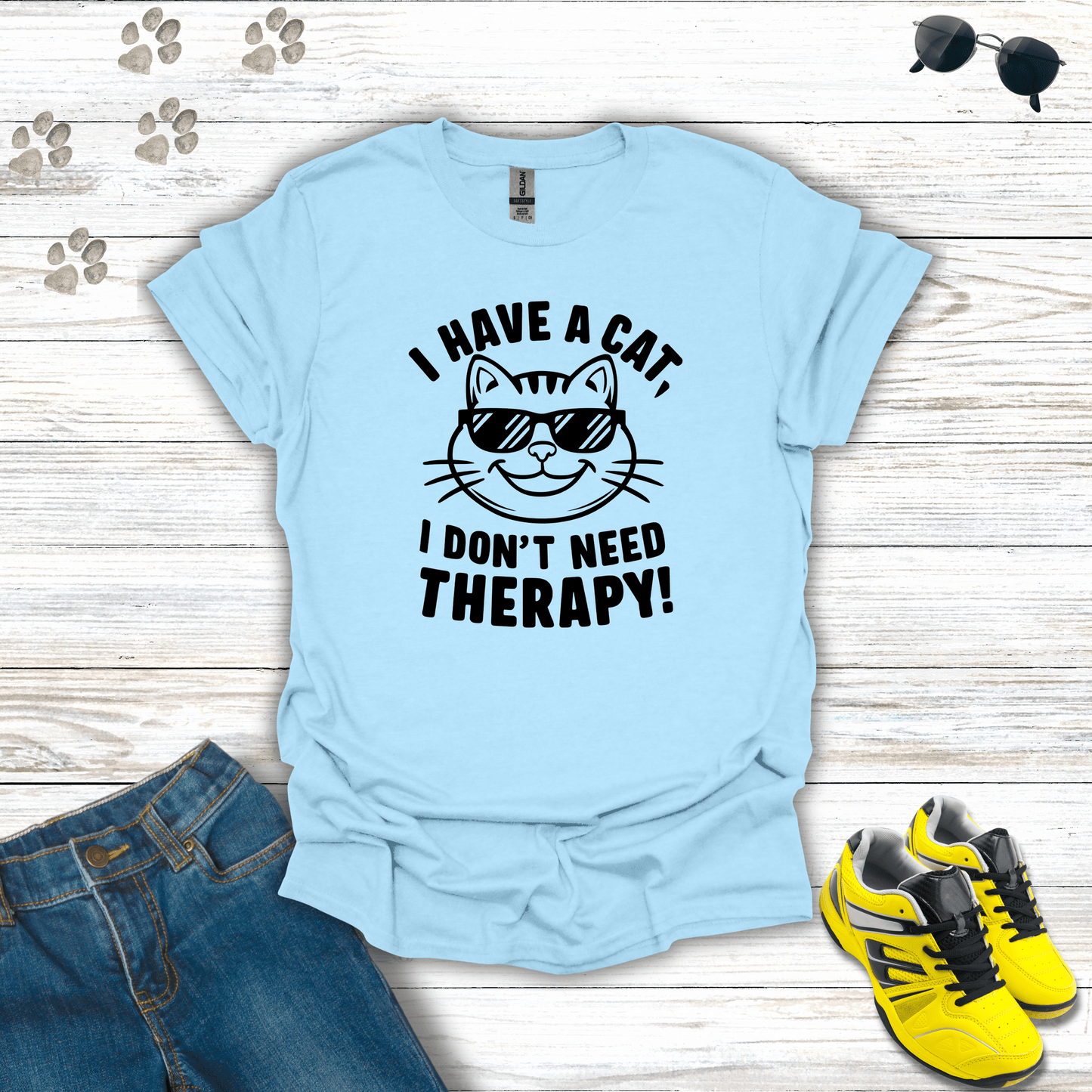 I Have A Cat, I Don't Need Therapy! T-Shirt Light Blue / S unisex graphic t-shirt