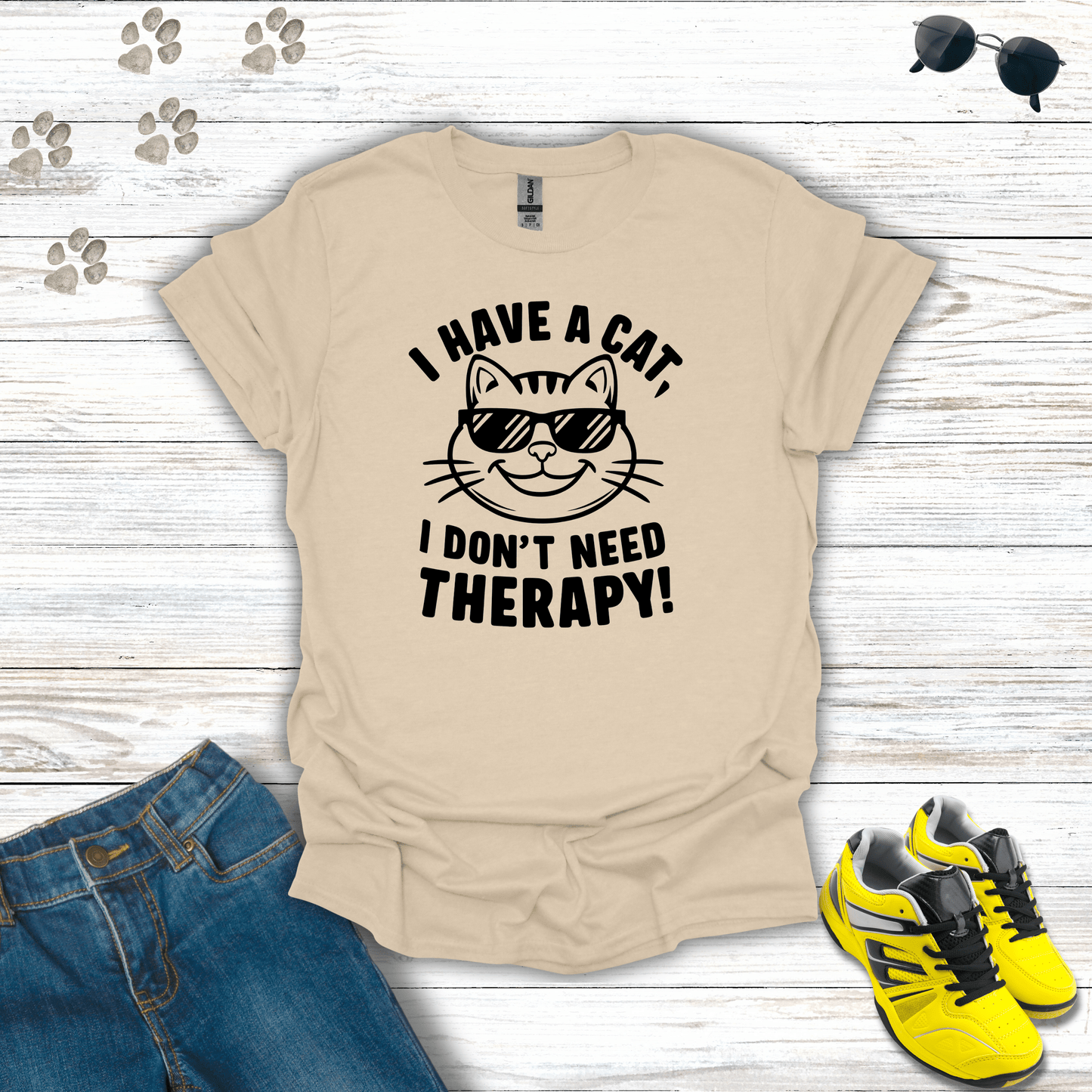 I Have A Cat, I Don't Need Therapy! T-Shirt Sand / S unisex graphic t-shirt