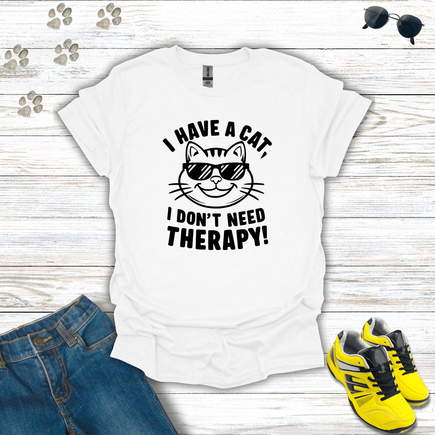I Have A Cat, I Don't Need Therapy! T-Shirt White / S unisex graphic t-shirt