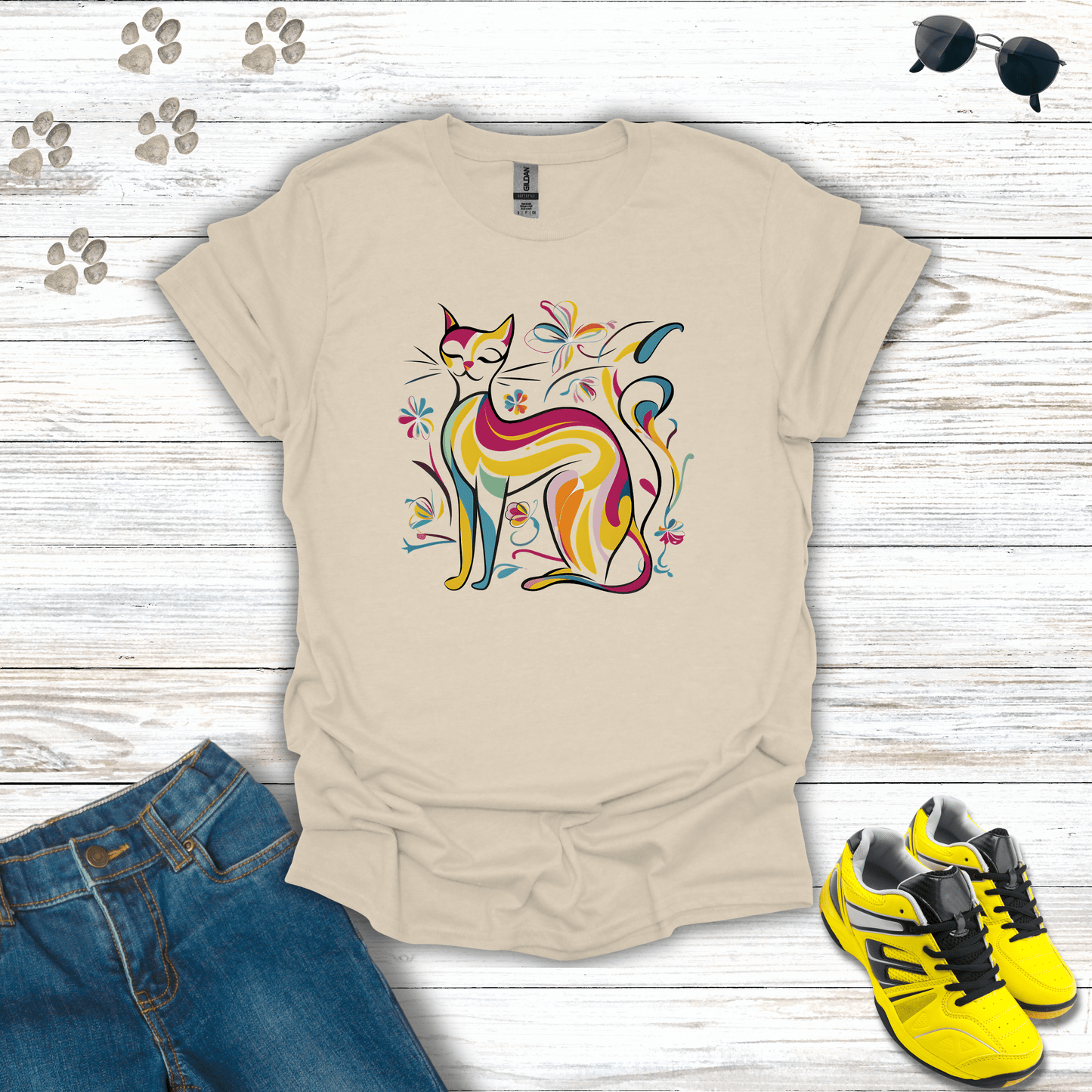 Kaleidoscopic Kitty Art Deco T-Shirt Natural / S unisex graphic t-shirt