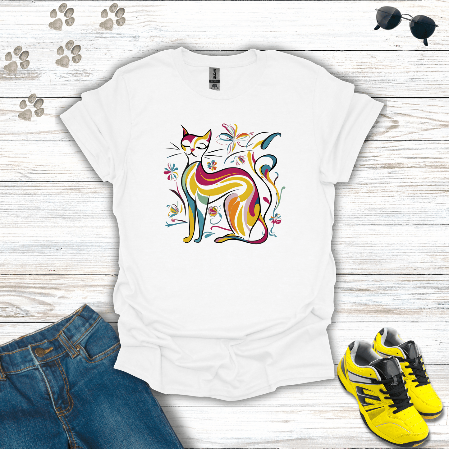 Kaleidoscopic Kitty Art Deco T-Shirt White / S unisex graphic t-shirt