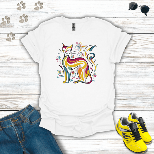 Kaleidoscopic Kitty Art Deco T-Shirt White / S unisex graphic t-shirt