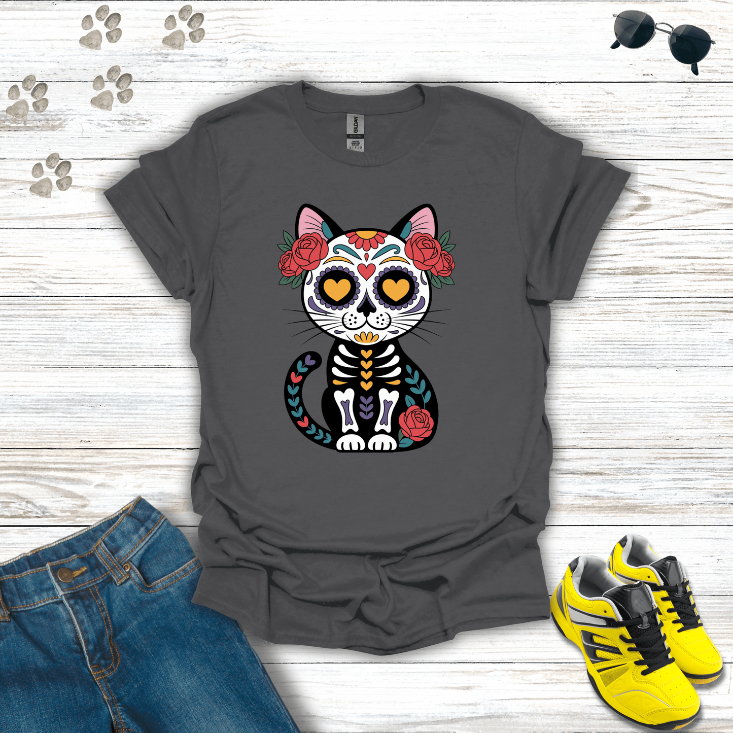 La Gata Elegante Sugar Skull Cat T-Shirt Charcoal / S unisex graphic t-shirt