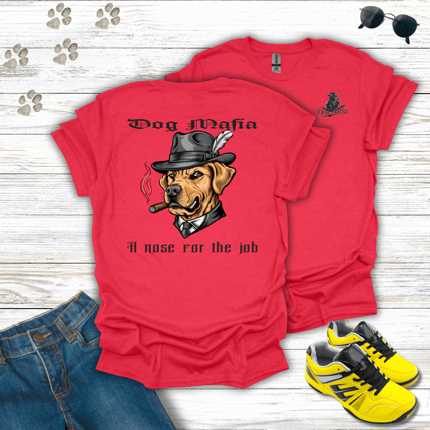 Labrador Retriever Dog Mafia T-shirt in Heather Red — humorous Labrador mafia design