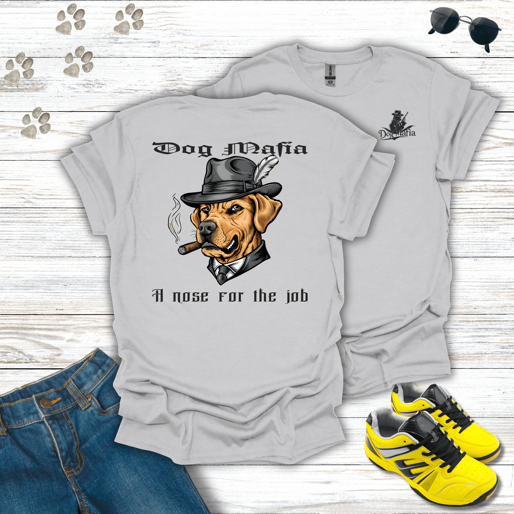 Labrador Retriever Dog Mafia T-shirt in Ice Grey — Labrador in fedora and cigar design