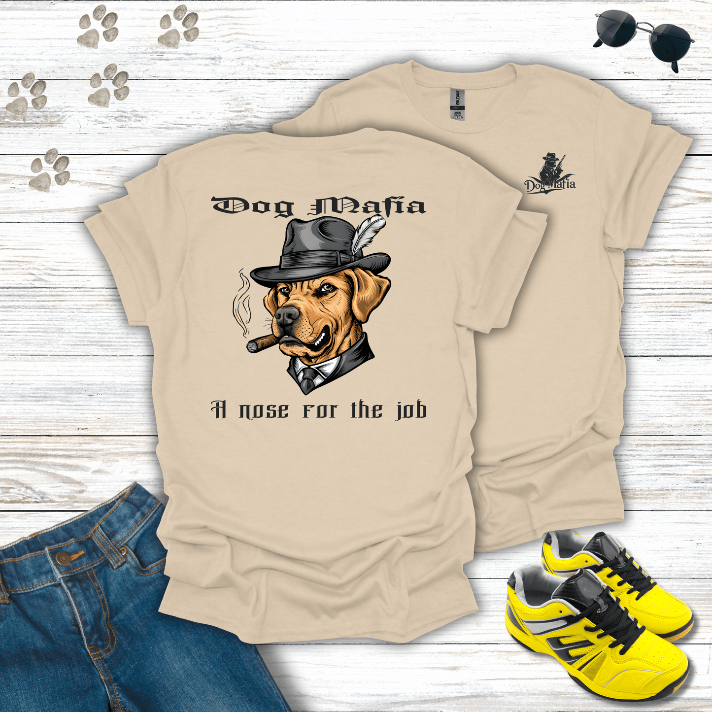 Labrador Retriever Dog Mafia T-shirt in Sand — Labrador mob boss tee