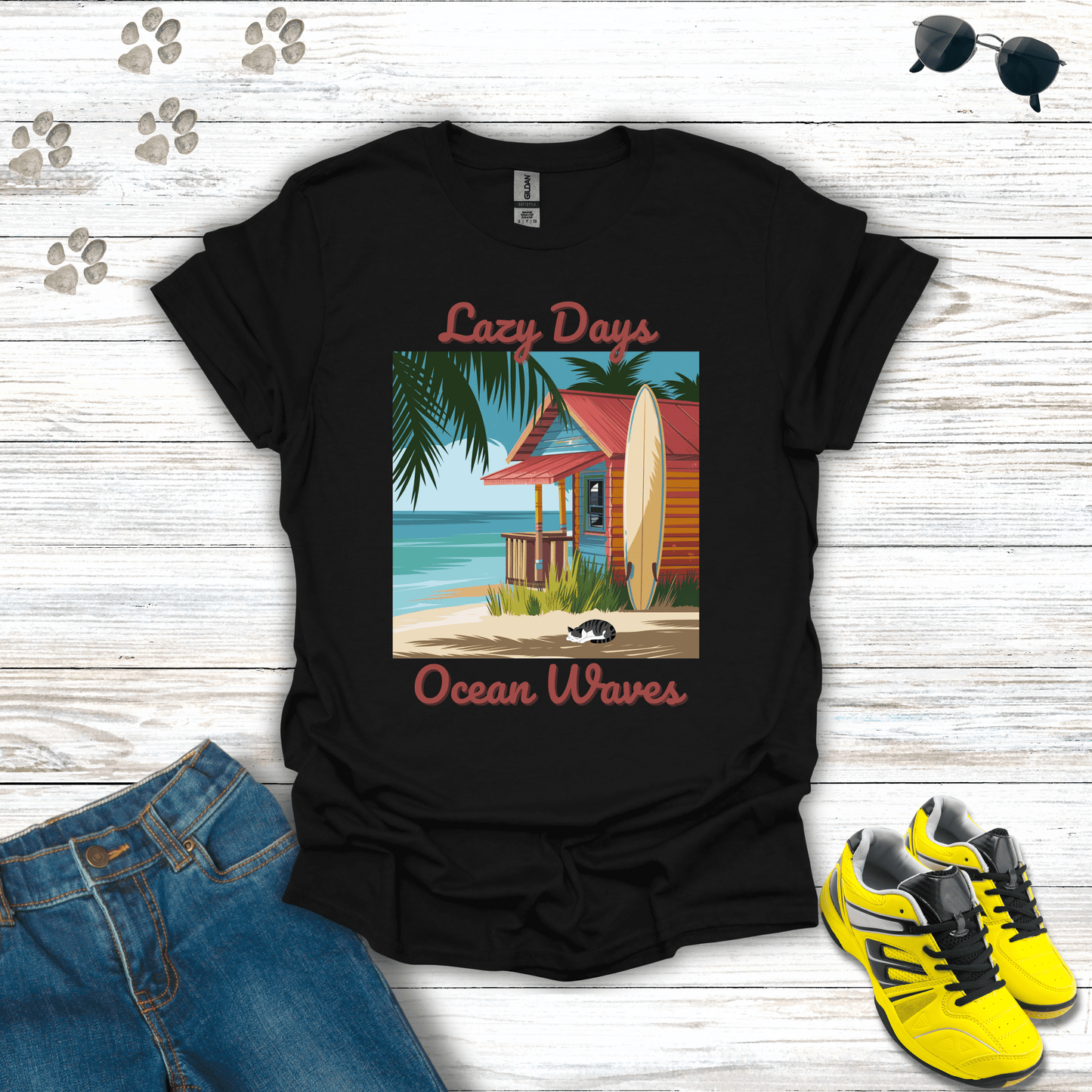 Lazy Days, Ocean Waves T-Shirt Black / S unisex graphic t-shirt